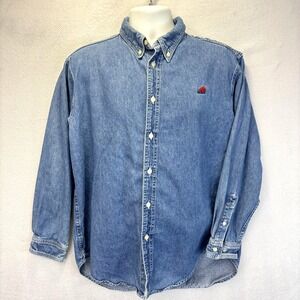 Vintage IMUS Auto Body Button Up Denim Shirt Mens Large Blue Long Sleeve USA